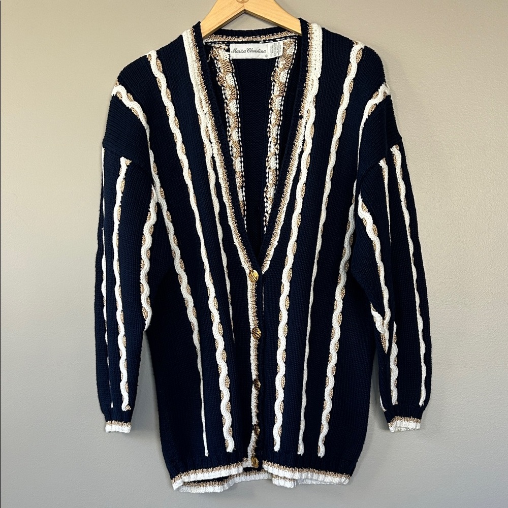 Vintage Marisa Christina Cardigan Size Medium Navy Blue Gold White Nautical